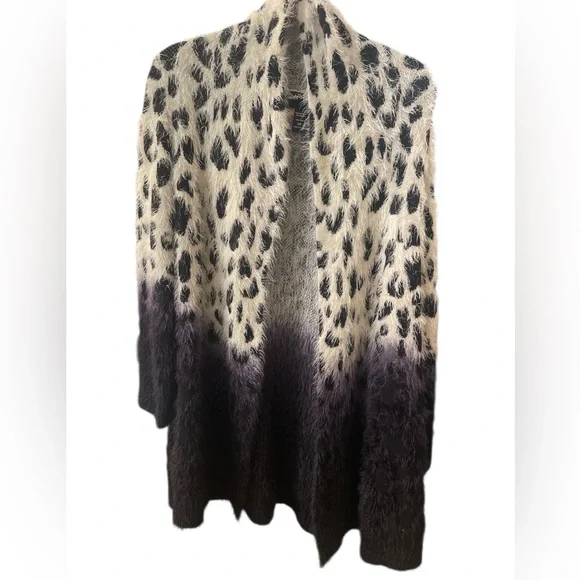 Oliver black and cream animal print hombre open cardigan eyelash furry size 2X - Picture 2 of 6